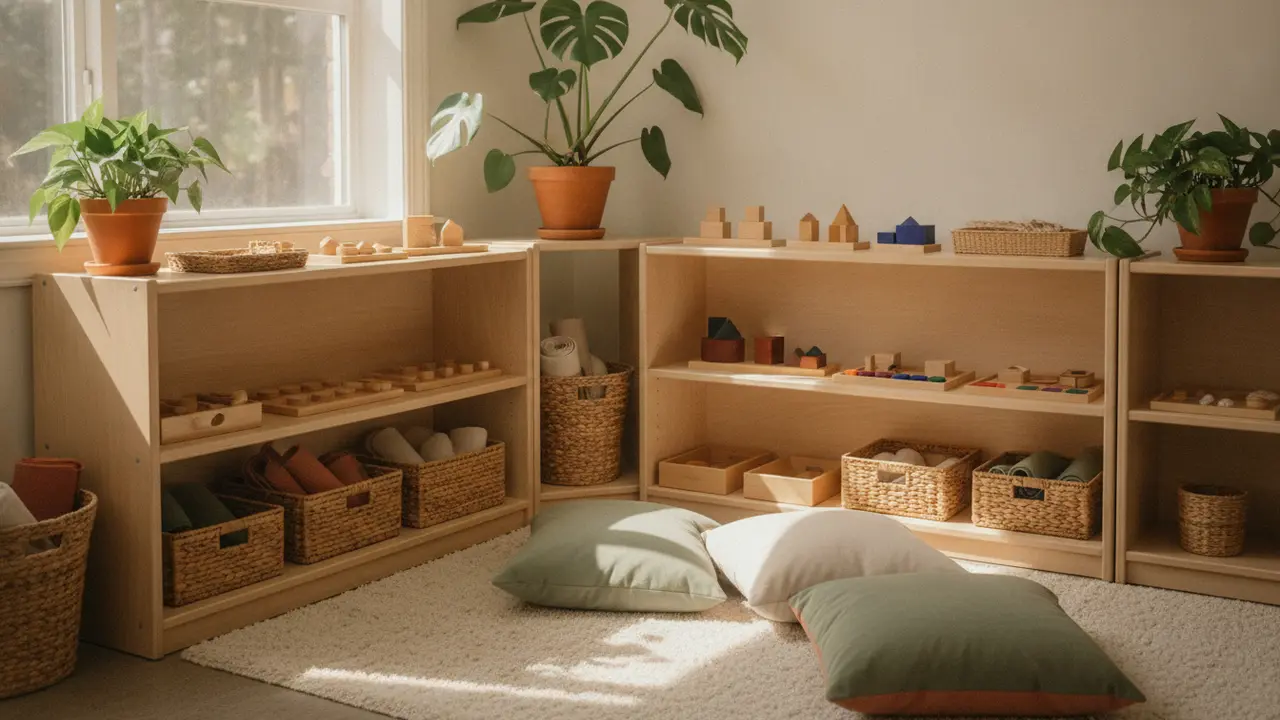 Liebevoll gestalteter Montessori-Lernraum mit Naturmaterialien